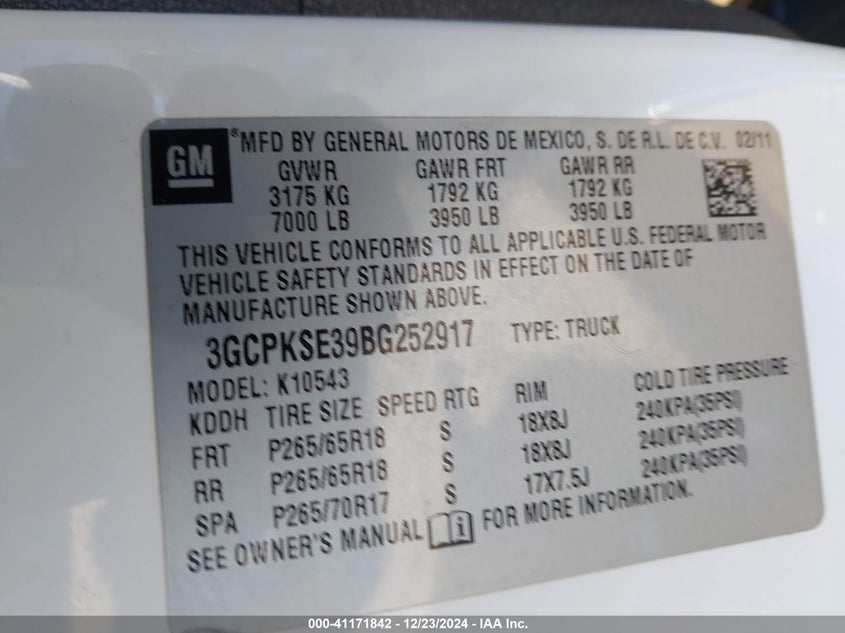 2011 CHEVROLET SILVERADO 1500 VIN: 3GCPKSE39BG252917