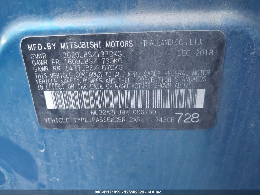 VIN ML32A3HJ9KH006780 2019 Mitsubishi Mirage, RF no.9