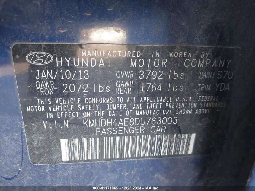 VIN KMHDH4AE8DU763003 2013 HYUNDAI ELANTRA no.9