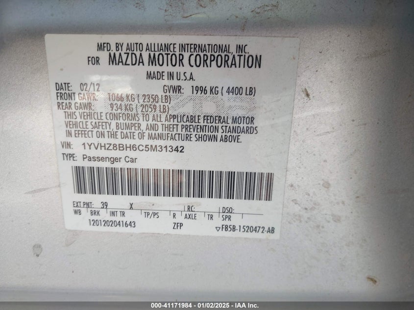 2012 MAZDA MAZDA6 VIN: 1YVHZ8BH6C5M31342