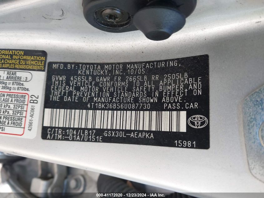 2006 Toyota Avalon Limited/Touring/Xl/Xls VIN: 4T1BK36B56V087730 Lot: 41172020