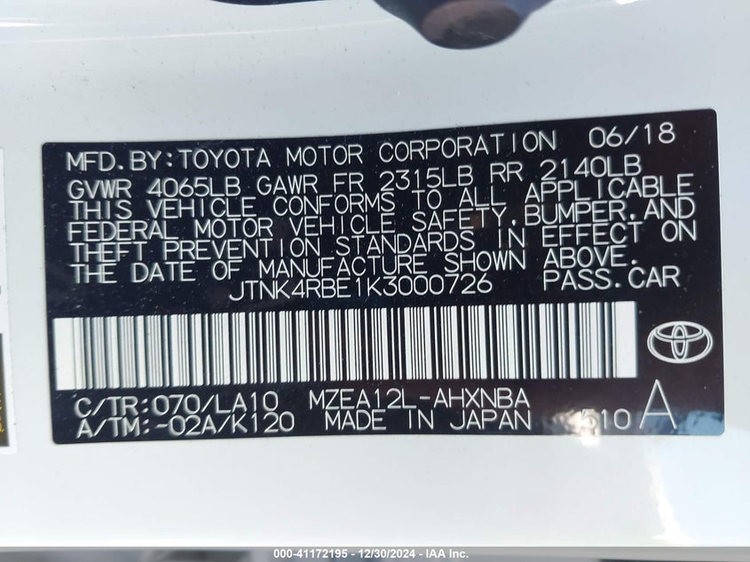 2019 TOYOTA COROLLA VIN: JTNK4RBE1K3000726