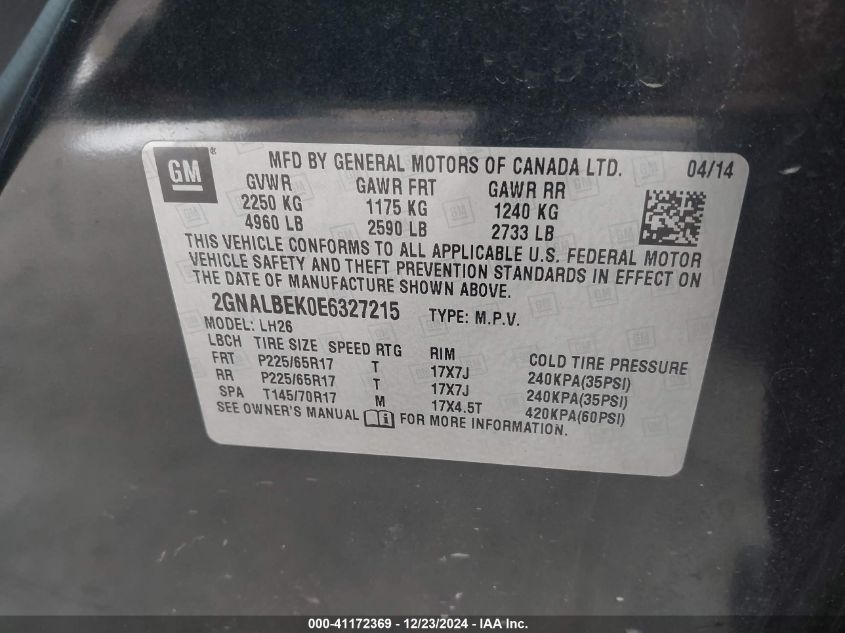 VIN 2GNALBEK0E6327215 2014 CHEVROLET EQUINOX no.9