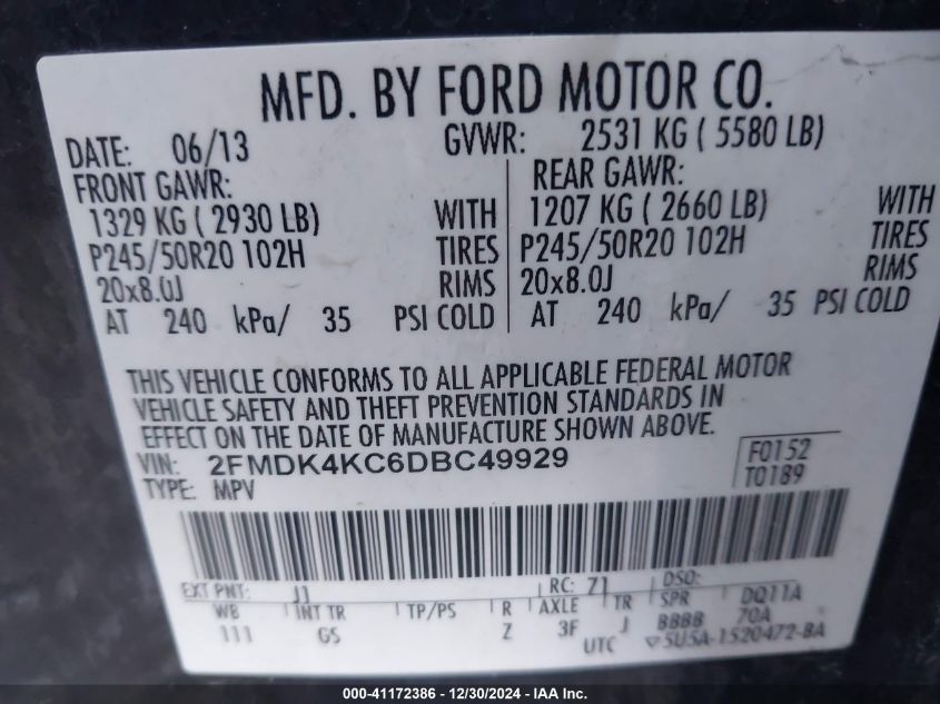 VIN 2FMDK4KC6DBC49929 2013 FORD EDGE no.9