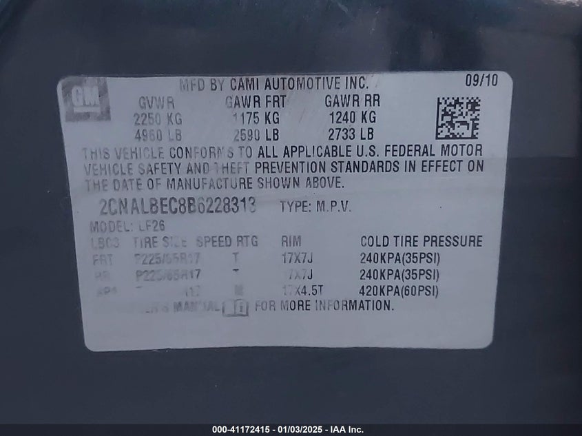 2011 CHEVROLET EQUINOX VIN: 2CNALBEC8B6228313