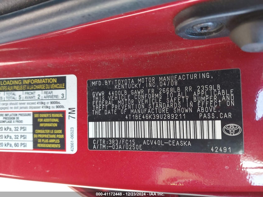 2009 TOYOTA CAMRY VIN: 4T1BE46K39U289211