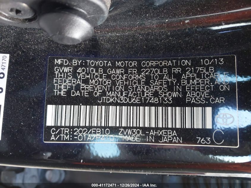 VIN JTDKN3DU6E1748133 2014 TOYOTA PRIUS no.9