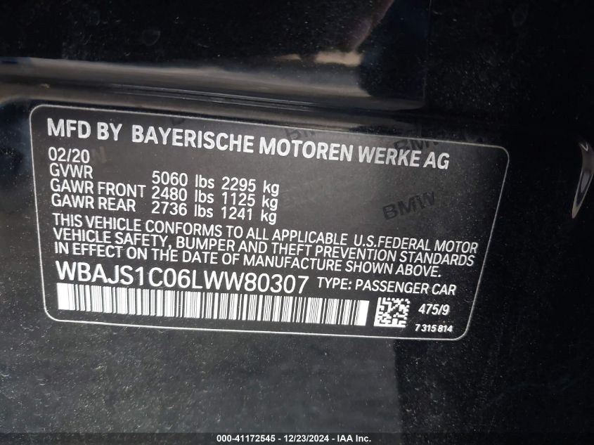 VIN WBAJS1C06LWW80307 2020 BMW 5 Series, 540I no.9