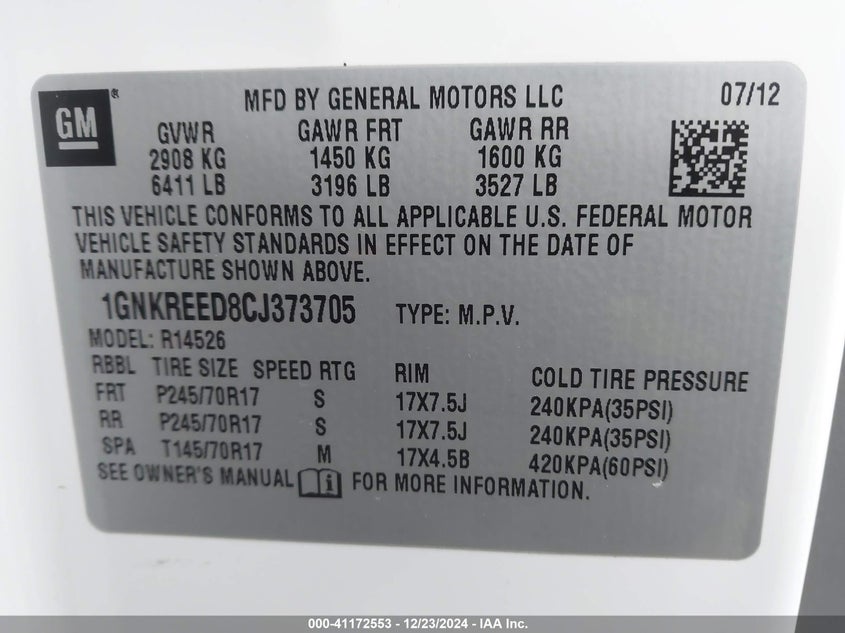 2012 CHEVROLET TRAVERSE VIN: 1GNKREED8CJ373705