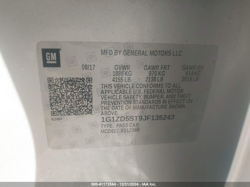 2018 CHEVROLET MALIBU VIN: 1G1ZD5ST9JF135243