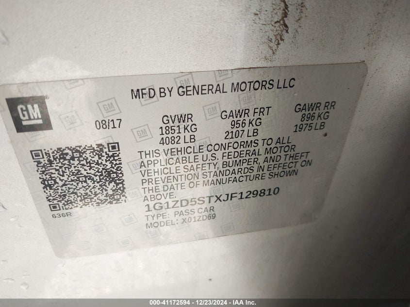 2018 CHEVROLET MALIBU VIN: 1G1ZD5STXJF129810