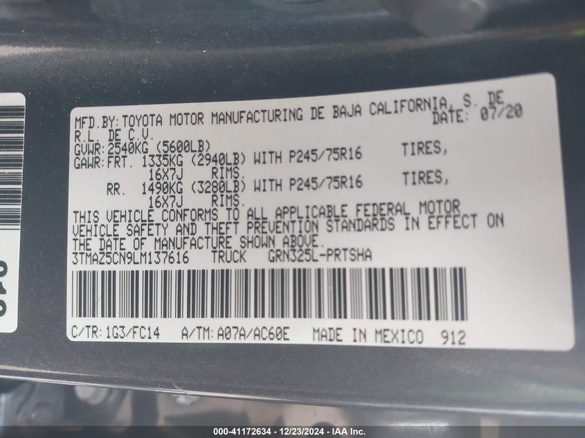 2020 TOYOTA TACOMA VIN: 3TMAZ5CN9LM137616
