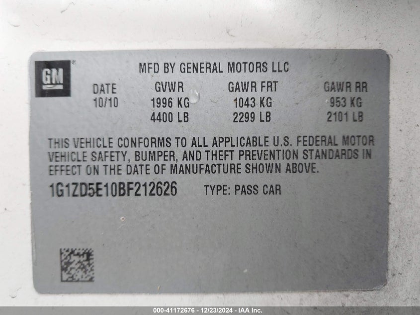 2011 CHEVROLET MALIBU VIN: 1G1ZD5E10BF212626