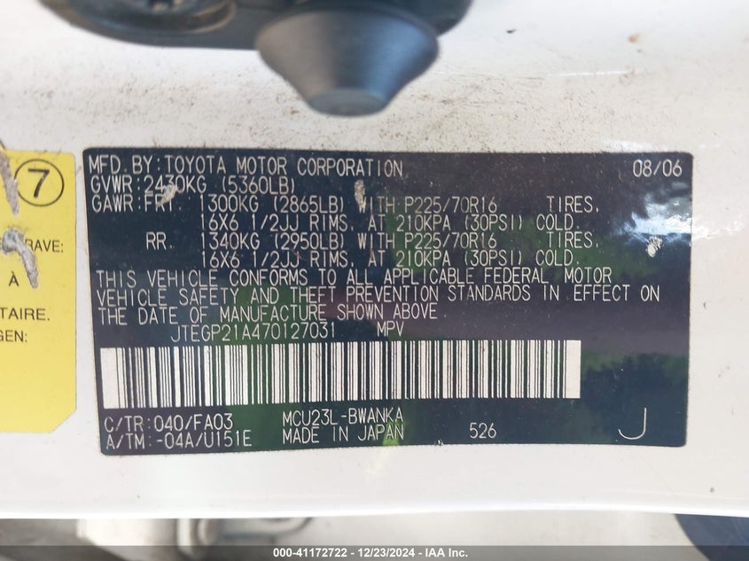 2007 TOYOTA HIGHLANDER VIN: JTEGP21A470127031