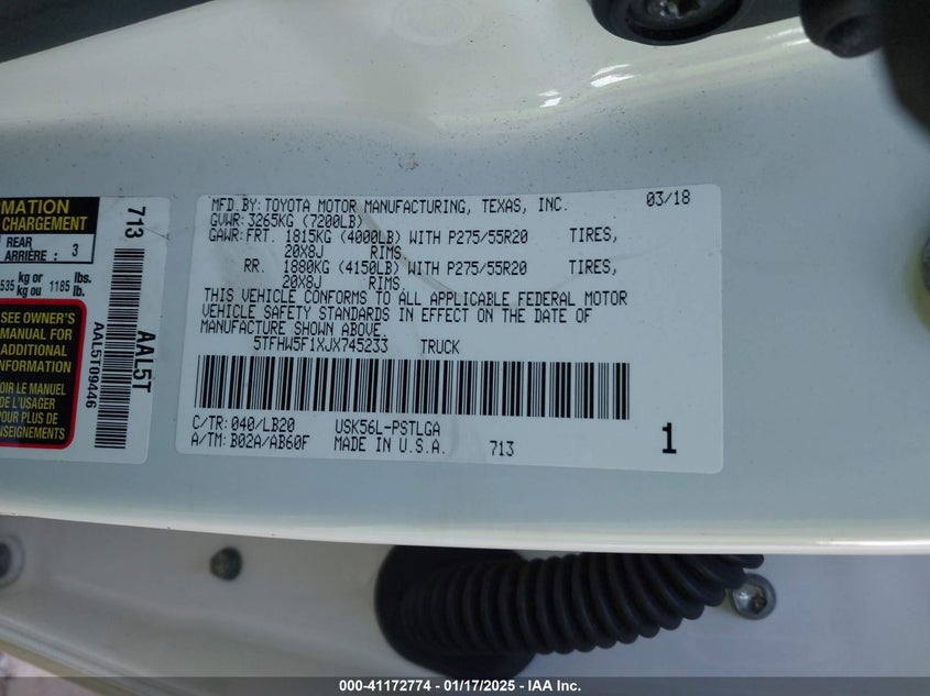 2018 TOYOTA TUNDRA VIN: 5TFHW5F1XJX745233