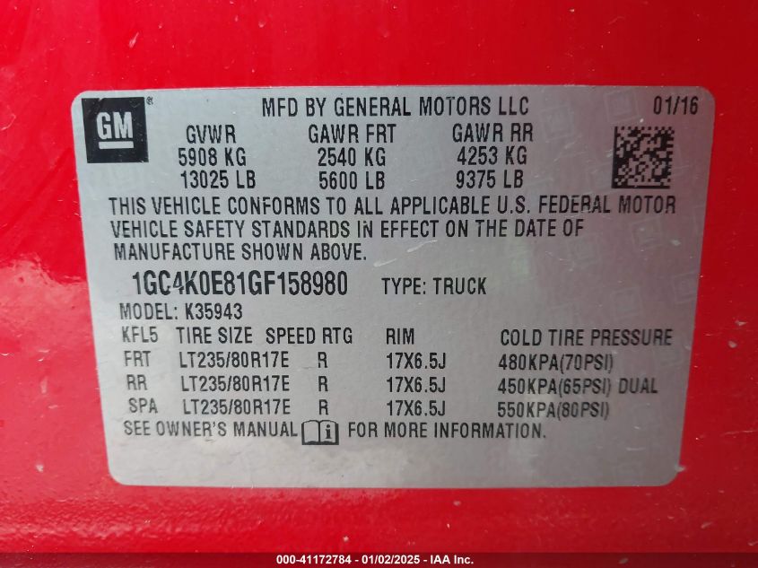 2016 Chevrolet Silverado 3500Hd Ltz VIN: 1GC4K0E81GF158980 Lot: 41172784