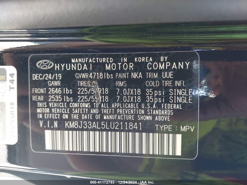 VIN KM8J33AL5LU211841 2020 Hyundai Tucson, Ultimate no.9