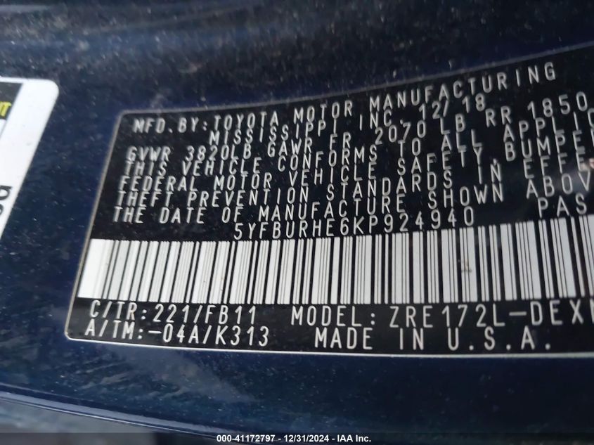 2019 Toyota Corolla Le VIN: 5YFBURHE6KP924940 Lot: 41172797