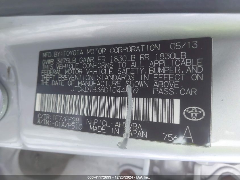 VIN JTDKDTB36D1044459 2013 Toyota Prius, C Two no.9