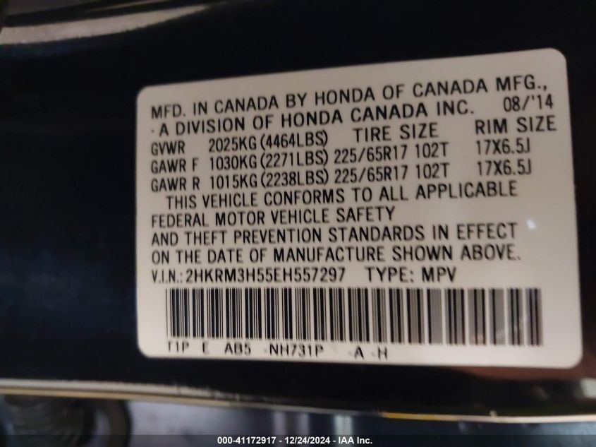 VIN 2HKRM3H55EH557297 2014 Honda CR-V, EX no.9