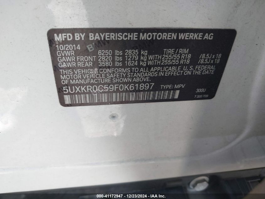 VIN 5UXKR0C59F0K61897 2015 BMW X5, Xdrive35I no.9