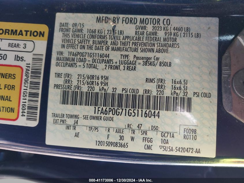 VIN 1FA6P0G71G5116044 2016 Ford Fusion, S no.9