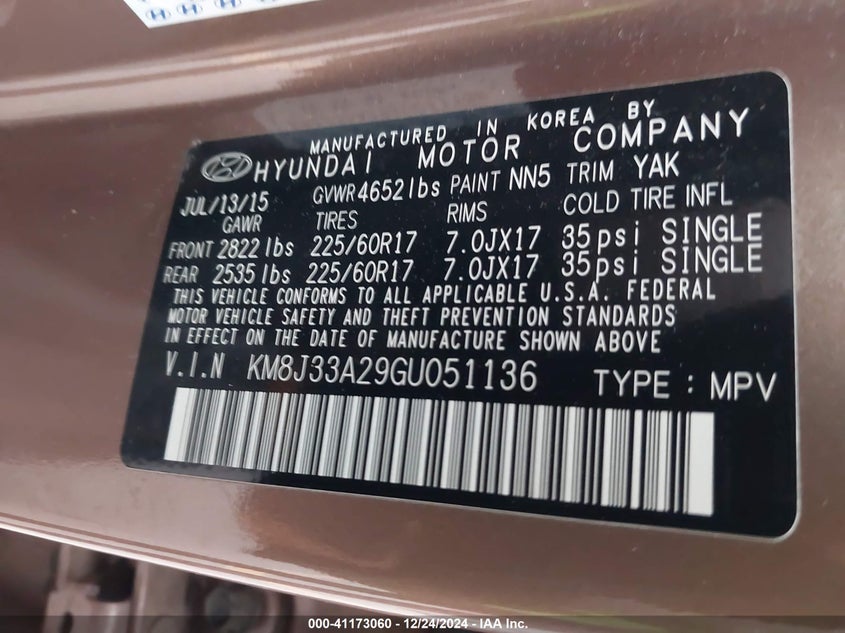 2016 HYUNDAI TUCSON VIN: KM8J33A29GU051136