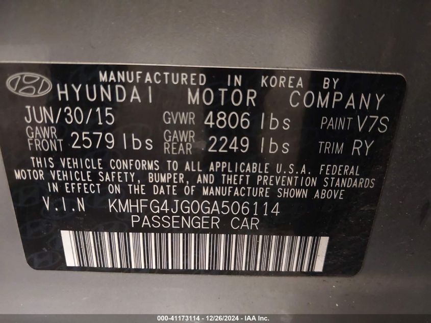 VIN KMHFG4JG0GA506114 2016 Hyundai Azera no.9