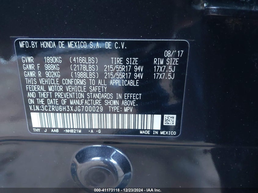 2018 HONDA HR-V VIN: 3CZRU6H3XJG700029