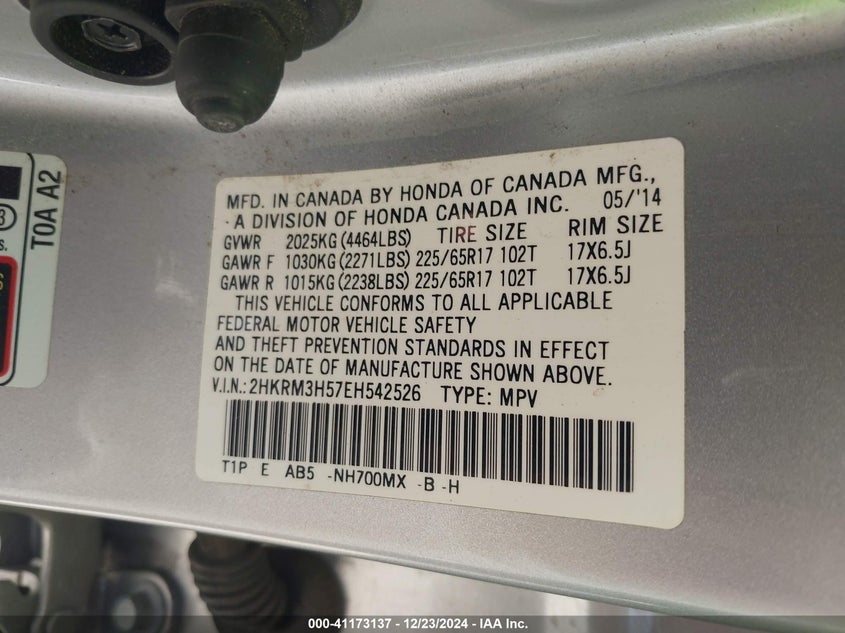 2014 HONDA CR-V VIN: 2HKRM3H57EH542526
