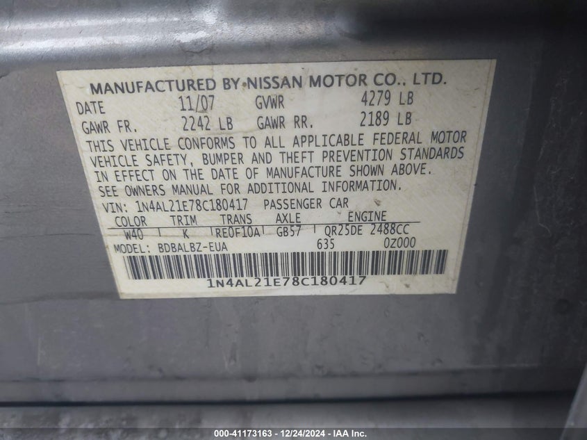 2008 NISSAN ALTIMA VIN: 1N4AL21E78C180417