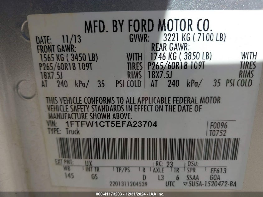 2014 FORD F-150 VIN: 1FTFW1CT5EFA23704