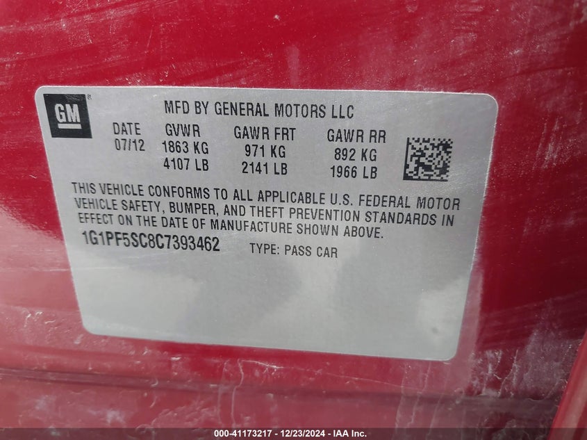 2012 CHEVROLET CRUZE VIN: 1G1PF5SC8C7393462