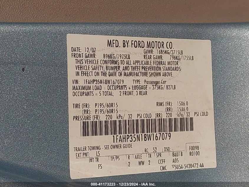 2008 Ford Focus Se/Ses VIN: 1FAHP35N18W167079 Lot: 41173223