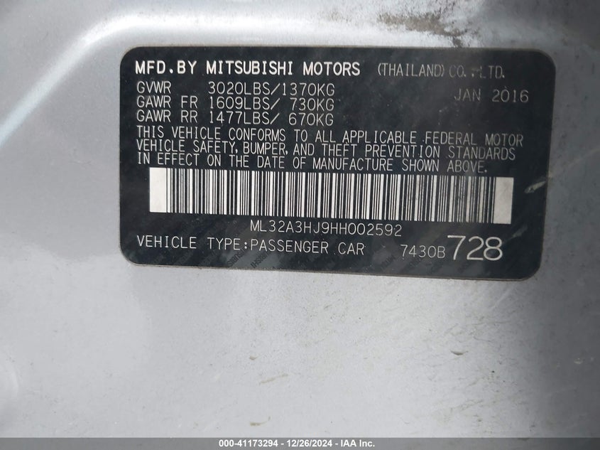 2017 MITSUBISHI MIRAGE VIN: ML32A3HJ9HH002592