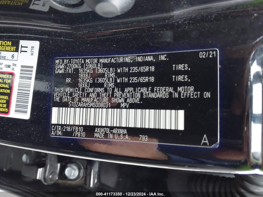 2021 TOYOTA HIGHLANDER VIN: 5TDZARAH5MS008031