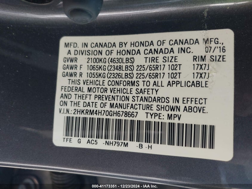 2016 HONDA CR-V VIN: 2HKRM4H70GH678667