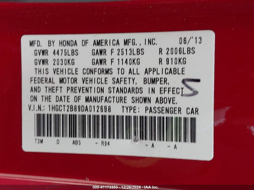 VIN 1HGCT2B89DA012698 2013 HONDA ACCORD no.9