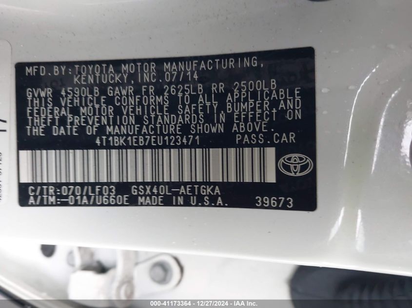 VIN 4T1BK1EB7EU123471 2014 Toyota Avalon, Xle Premium no.9