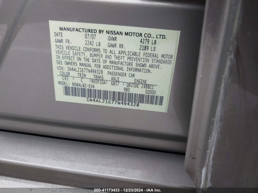 2007 NISSAN ALTIMA VIN: 1N4AL21E77N494328