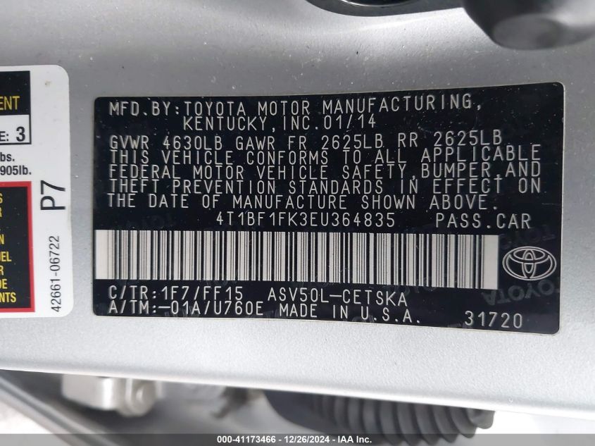 VIN 4T1BF1FK3EU364835 2014 Toyota Camry, SE no.9