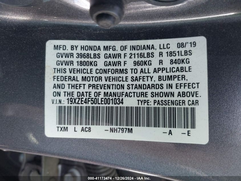 2020 Honda Insight Ex VIN: 19XZE4F50LE001034 Lot: 41173474