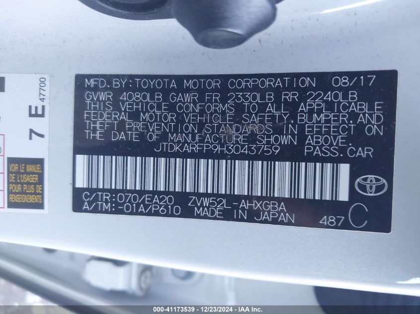 VIN JTDKARFP9H3043759 2017 Toyota Prius, Prime Premium no.9