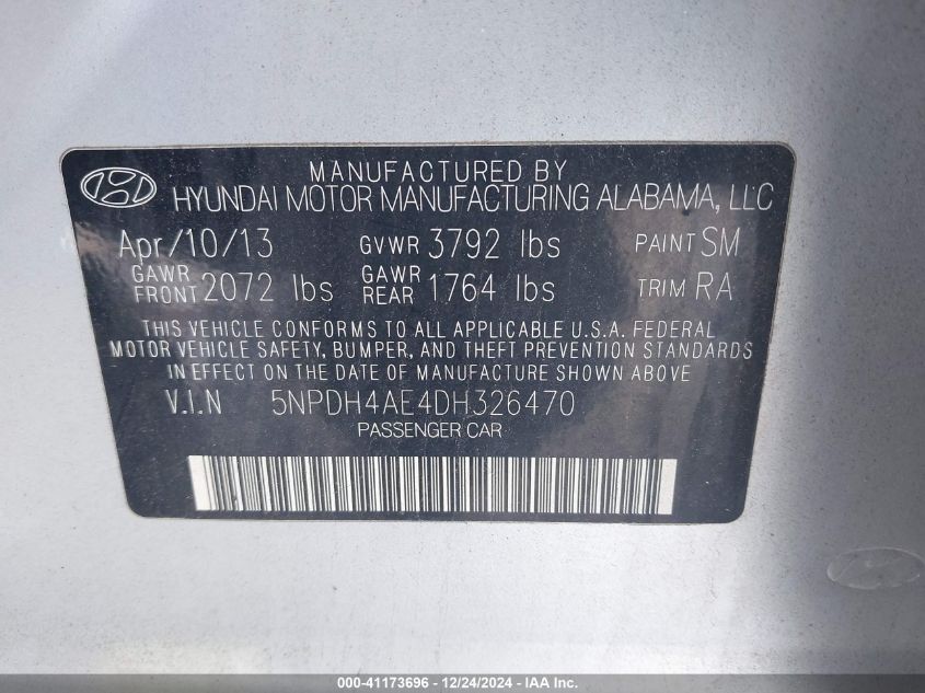 VIN 5NPDH4AE4DH326470 2013 HYUNDAI ELANTRA no.9