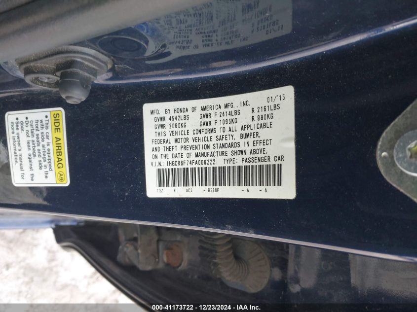 VIN 1HGCR6F74FA006222 2015 HONDA ACCORD HYBRID no.9