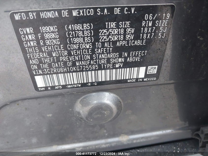2019 HONDA HR-V VIN: 3CZRU6H10KG725585