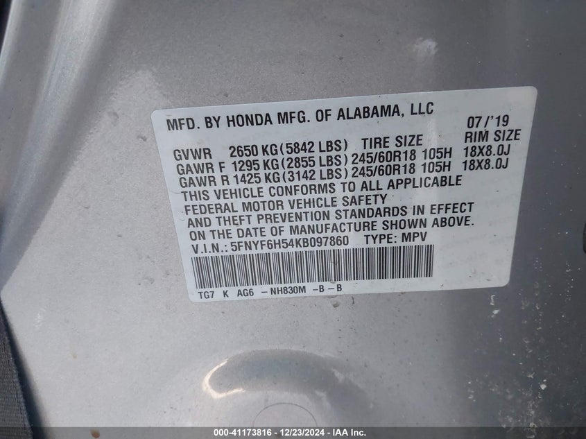 2019 HONDA PILOT VIN: 5FNYF6H54KB097860