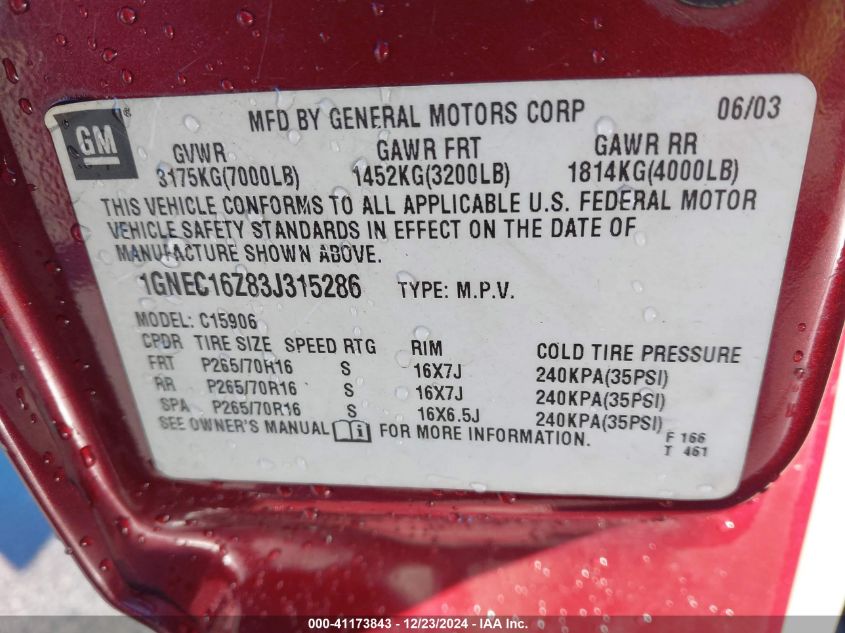 2003 Chevrolet Suburban 1500 Lt VIN: 1GNEC16Z83J315286 Lot: 43132208