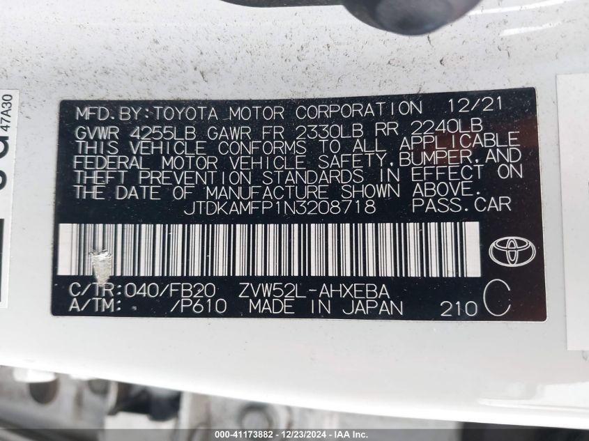 VIN JTDKAMFP1N3208718 2022 TOYOTA PRIUS PRIME no.9