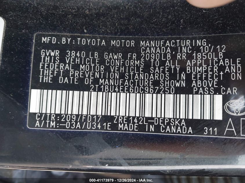 VIN 2T1BU4EE6DC967250 2013 TOYOTA COROLLA no.9